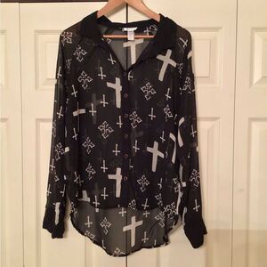 Marisol Black Sheer Button-Up Blouse with Cross Pattern